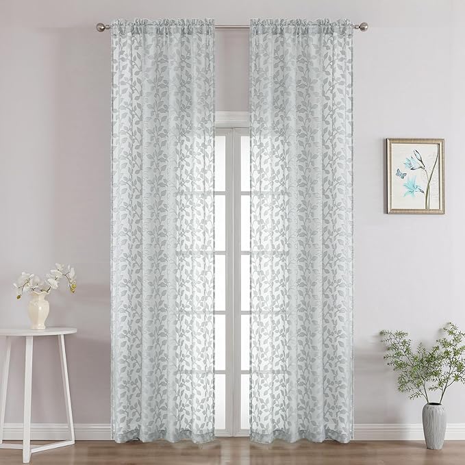 Chyhomenyc Light Grey Sheer Curtains 96 Inch Length 2 Panels Set, Light Filtering Tufted Textured Soft Airy Rod Pocket Gentle Leaf Window Treatment Drapes for Bedroom Living Room, 42" Wx96 L, 2PCS