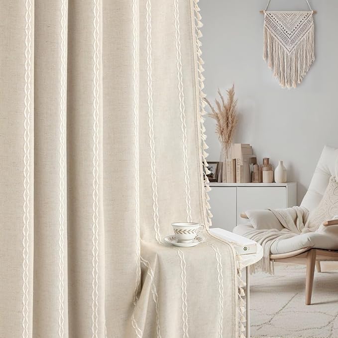 Boho Blackout Curtains 90 Inches Long Beige Linen Blend 2 Panels with Tassels and Cotton Embroidery, Farmhouse Vintage Rustic Rod Pocket Drapes for Living Room or Bedroom