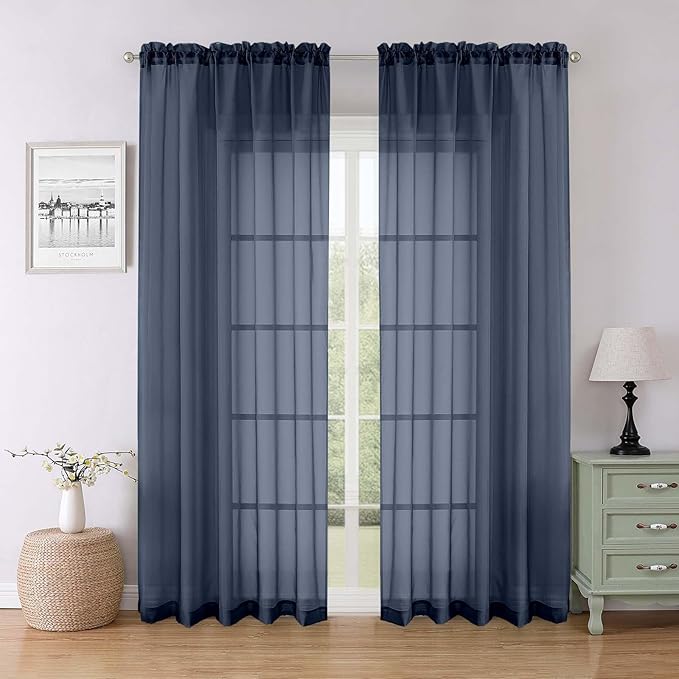 Lecloud Navy Blue Sheer Curtains for Living Room Decor 84 Inches Long 2 Pcs, Light Filtering Airy Voile Bedroom Curtains, Window Treatments Rod Pocket Drapes for Dining Room, Each Panel 59" W x 84" L