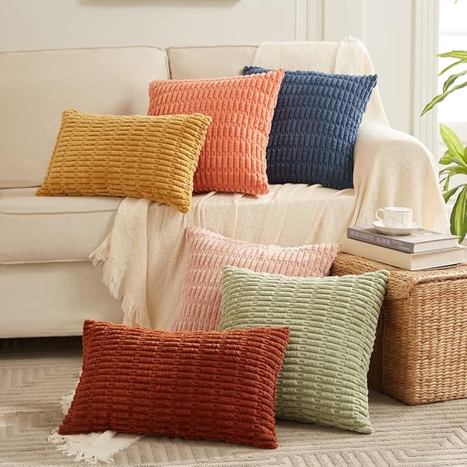Fancy Homi 4 Packs Rust Decorative Throw Pillow Covers 26x26 Inch for Living Room Couch Bed Sofa, Terracotta Rustic Farmhouse Boho Home Decor, Soft Plush Striped Corduroy Square Cushion Case 66x66 cm