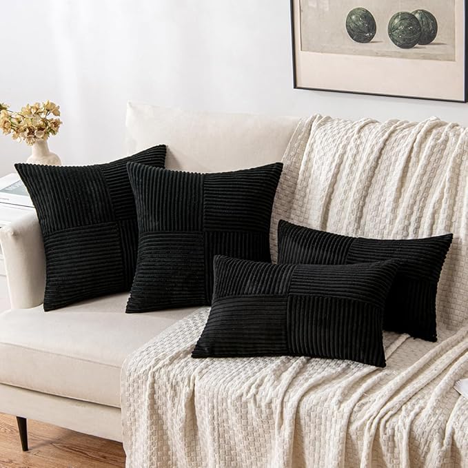 MIULEE Black Decorative Throw Pillow Covers 18x18 Inch for Couch Bed Sofa Pack of 4 Boho Farmhouse Throw Pillows Soft Cross Corduroy Patchwork Textured Cushion Cases