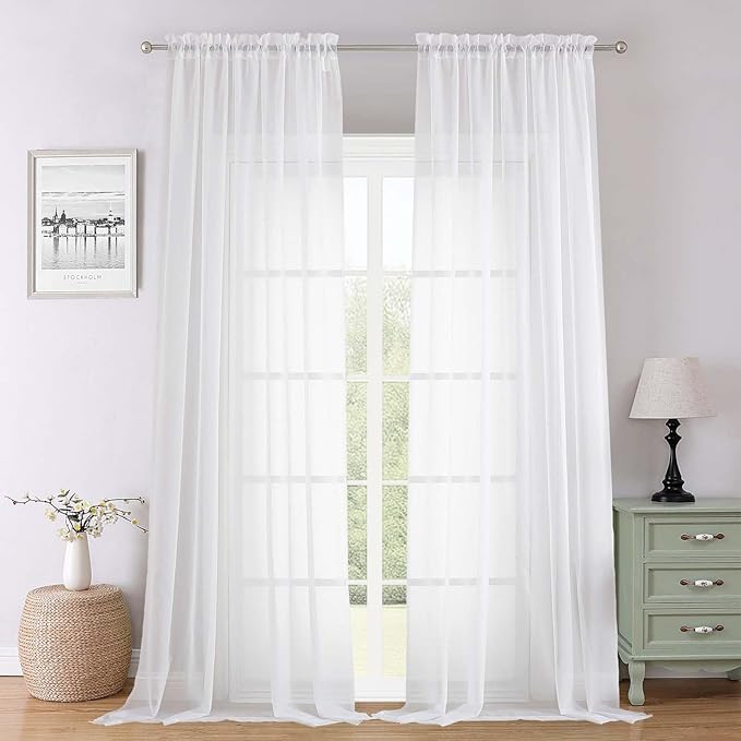 Lecloud White Sheer Curtains 102 Inches Long 2 Pcs, Light Filtering Living Room Curtains for Bedroom, Rod Pockets Voile Drapes for Dining Room Yard Patio Sliding Door, Each Panel 59" W x 102" L