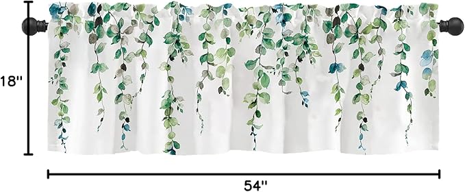 Watercolor Green Leaves Window Valance for Bedroom Living Room, Spring Summer Leaf Vine Plant Curtains Valanes for Windows, 3" Rod Pocket Window Treatment for Home Decorations, 54 x 18 Inch, 1 Pcs