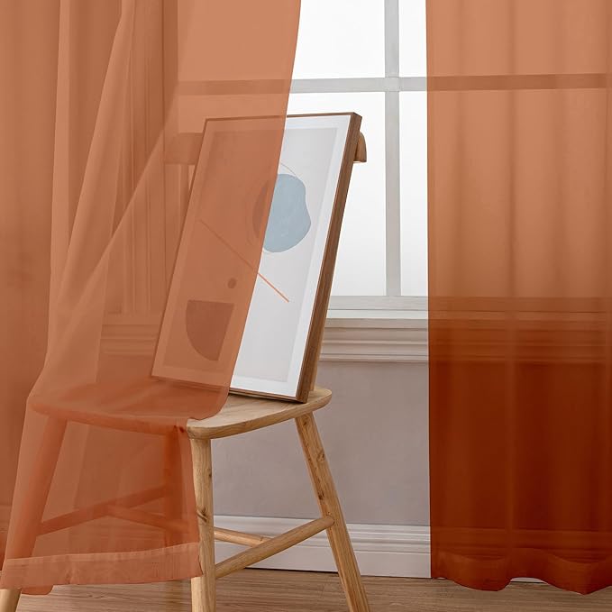 Simplebrand Orange Short Sheer Curtains 45 Inch Length for Small Windows, Rod Pocket 2 Panels Set Solid Voile Drapes Window Sheer Curtains for Bedroom Bathroom Kids Room Kitchen, 42x45 Inch, 2pcs