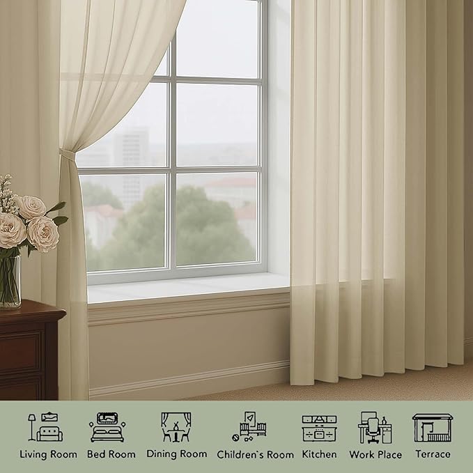 OWENIE Sheer Curtains 84 Inches Long 2 Panels Set, Sheer Taupe Curtains for Living Room Bedroom 59 Inch Extra Wide, Modern Voile Filmy Rod Pocket Drapes, 2 Pcs, Each 59 W x 84L, Taupe