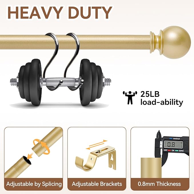 Gold Curtain Rod for Windows 48 to 84 or 88 Inch, 2 Pack 5/8 Inch Diameter Adjustable Curtain Rods With Brackets, Heavy Duty Easy to Install，Suitable for Bedrooms and Outdoor