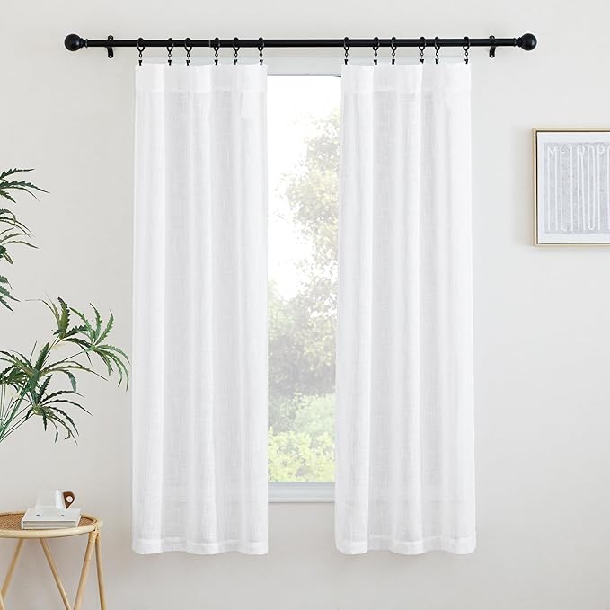 NICETOWN White Bedroom Curtains 63 inches Long, Rod Pocket & Back Tab Faux Linen Semi Sheer Window Treatments Privacy with Light Filtering for Living Room/Kids Room, W34 x L63, 2 Panels