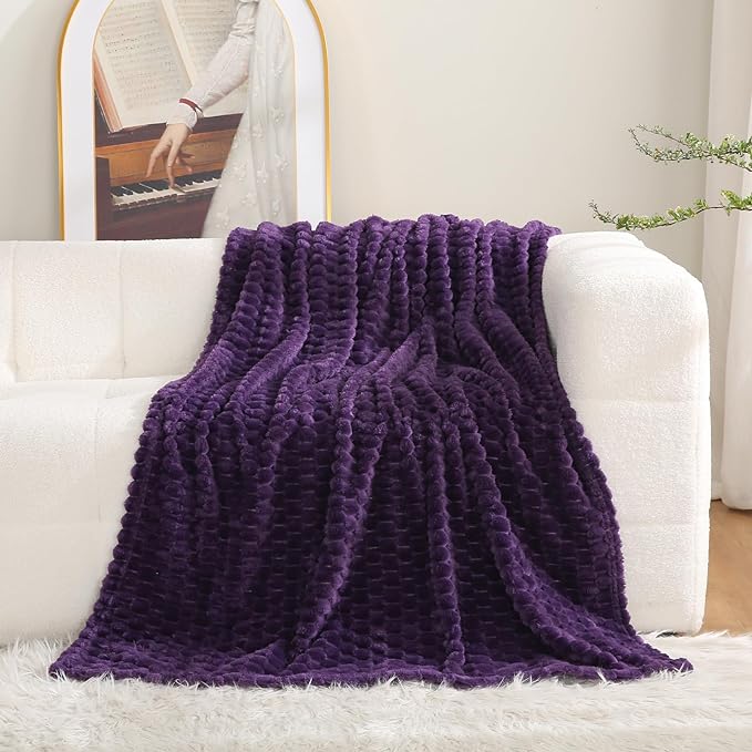 Puncuntex Deep Purple Throw Blanket 60"×80" inches Fuzzy 3D Jacquard Decorative Flannel Fleece Super Soft Plush Cozy Blanket for Couch Sofa Chair Lightweight