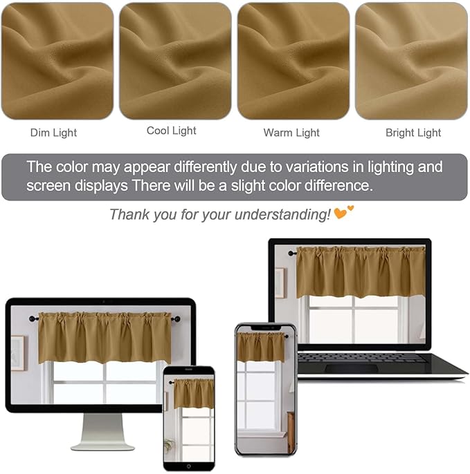 Chyhomenyc Gold Valances for Window, Room Darkening Short Curtains for Kitchen Bedroom Living Room, Rod Pocket Top Small Window Treatment Valance RV Bunk Panels, 60" Wx18 L, 2 Pieces