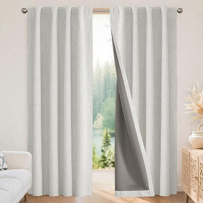 Joydeco Blackout Curtains for Bedroom - 100% Light Blocking 2 Panels Set White Drapes 37" W x 72" L, Thermal Insulated Room Darkening Curtains, Linen Textured for Living Room, Rod Pocket & Back Tabs