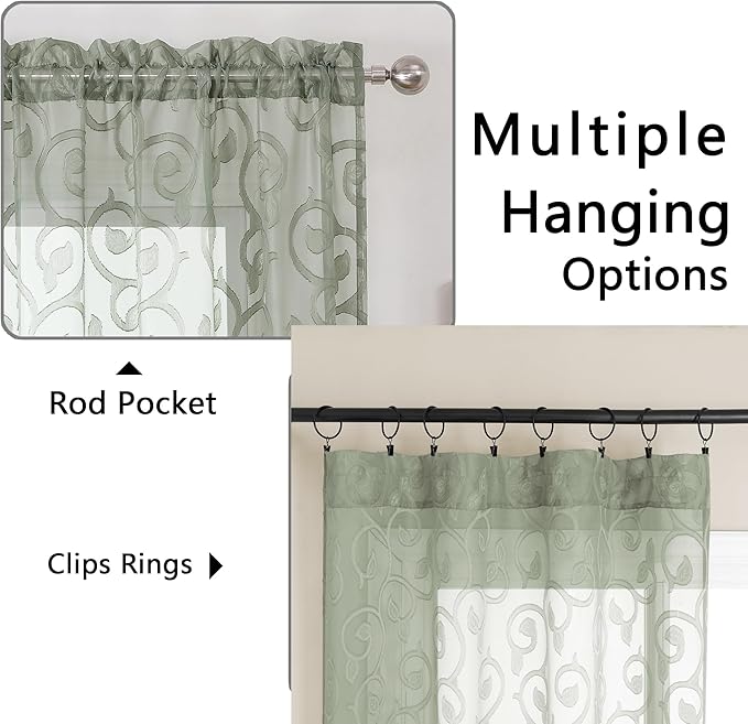 OWENIE Furman Sheer Sage Green Curtains 90 inches Long for Bedroom Living Room 2 Panels Set, Light Filtering Soft Semi Sheer Jacquard Clip Farmhouse Curtains Rod Pocket Design, Each 52Wx90L inch