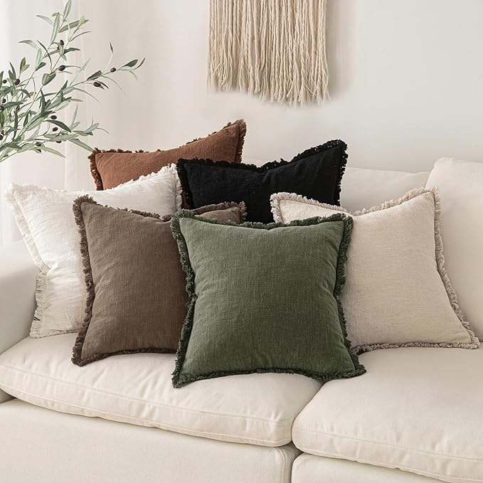 MIULEE Decorative Throw Pillow Covers Neutral Linen Fringe Throw Pillows Set of 2 Cocoa Brown Boho Farmhouse Cushion Covers for Couch Sofa Bed Living Room Spring Home Decor 20x20 Inch