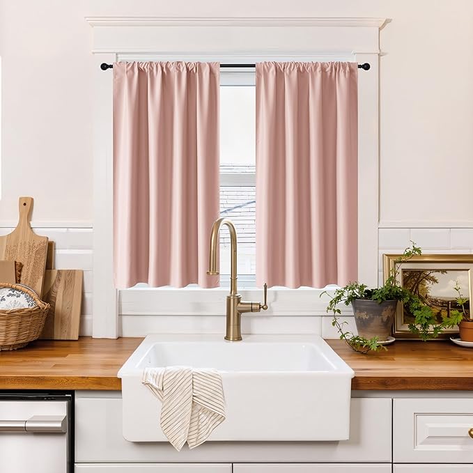 RYB HOME 100% Blackout Basement Curtains 36 inches Long, Heat & UV Blocking Total Room Darkening Noise Reducing Curtains for Bathroom RV Campers, Peach Pink, 2 Panels Set