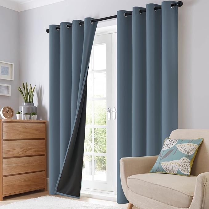 SimpleHome 100% Blackout Curtains for Bedroom,Thermal Insulated Stone Blue Grommet Window Drapes Room Darkening Curtains for Living Room with Black Back,38 x 84 Inch,2 Panels