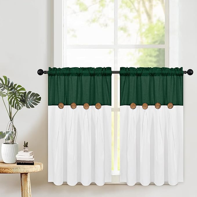 FRAMICS Boho Kitchen Curtains 36 Inch Length, Farmhouse Cotton Linen Tier Curtains, Rustic Button Short Curtain for Windows, Rod Pocket Small Window Curtain, Green and White, 26x36