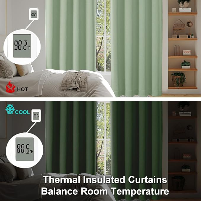 Simplebrand Ava Light Green Blackout Curtains for Bedroom 63 Inch Length 2 Panels Set, Solid Thermal Insulated Energy Saving Rod Pocket Window Treatment Curtains Blackout Drapes, W40 x L63 Inch
