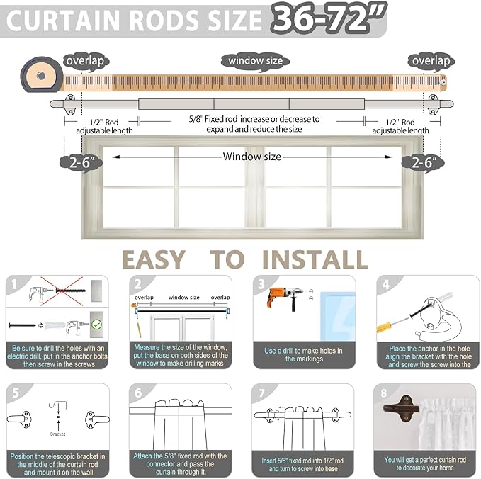 TVWOO Bronze Wrap Around Curtain Rods:5/8 Inch Blackout Adjustable Window Curtain Rod for Bedroom Kitchen Apartment Renter Friendly,Room Darkening Curved Drapery Rods Easy Install,Antique Brown 36-72"