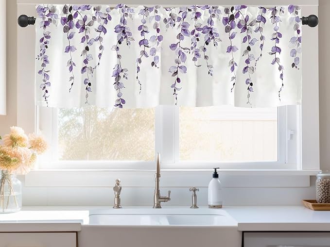 Watercolor Purple Leaves Window Valance for Bedroom Living Room, Lavender Leaf Vine Plant Curtains Valanes for Windows, 3" Rod Pocket Window Treatment for Home Decorations, 54 x 18 Inch, 1 Panel