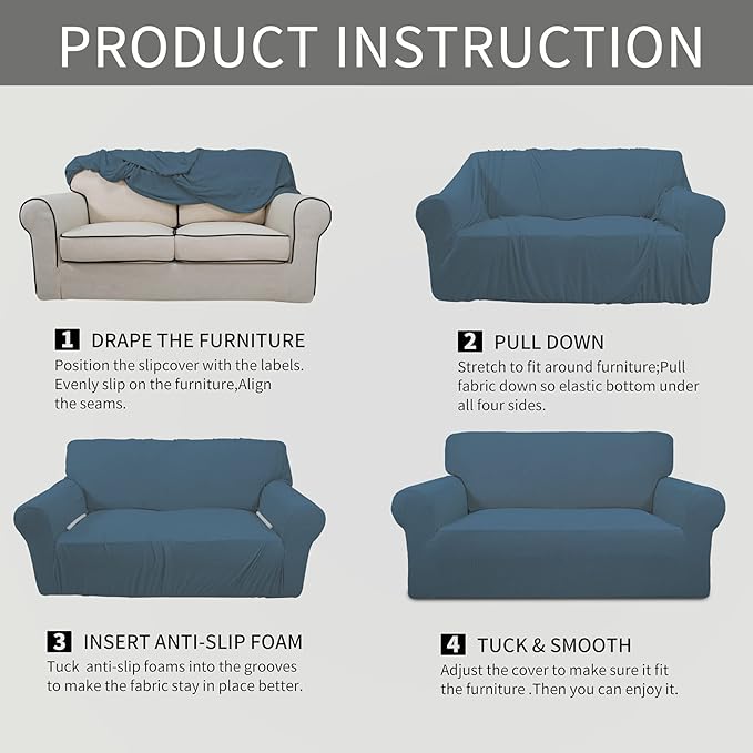 Easy-Going Stretch Oversized Sofa Slipcover 1-Piece Sofa Cover Furniture Protector Couch Soft with Elastic Bottom for Kids, Polyester Spandex Jacquard Fabric Small Checks Bluestone