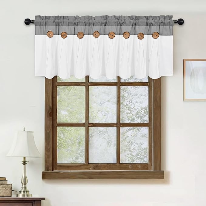 FRAMICS Farmhouse Valance Curtains, Boho Cotton Linen Kitchen Valance, Grey Rustic Button Window Valances for Kitchen Bathroom Bedroom, Country Rod Pocket Valances for Windows, Grey, 52 x 18 Inch