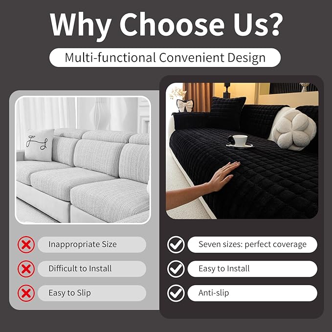 Velvet Couch Cover, Plush Sectional Sofa Cover Washable, Anti Slip Sofa Slipcover for 3 Cushions Sofas, Furniture Protector Covers for Pets & Kids(1PC, Black, 35.4"×71", 3-Seater)