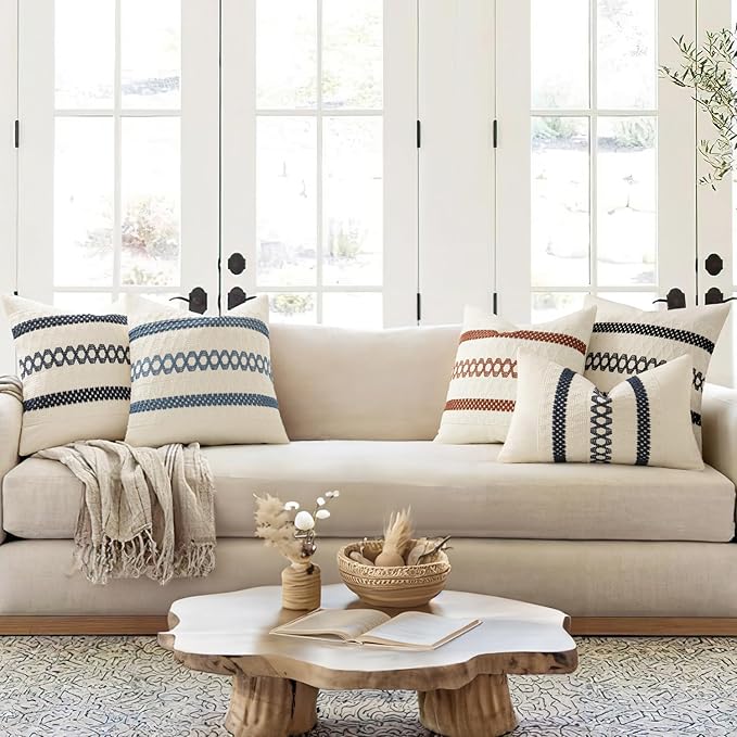 MIULEE Set of 2 Coastal Blue Boho Decorative Pillow Covers 20x20 Inch Farmhouse Rustic Couch Throw Pillows Modern Summer Cotton Cushion Covers Retro Cute Macrame Woven Spring Decor for Bed Sofa Chair