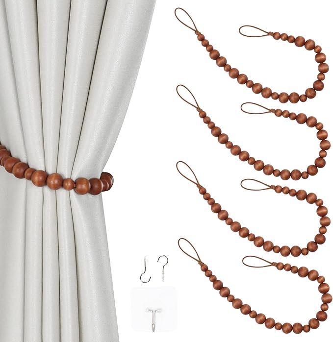 OCIOLI 4 Pack of Wood Bead Curtain Tiebacks Boho Curtain Tiebacks Curtain Holdbacks for Wall Curtain Ties Curtain Tie Backs with Hooks for Boho Decor Bedroom Decor Nursery Decor（4，Coffee）