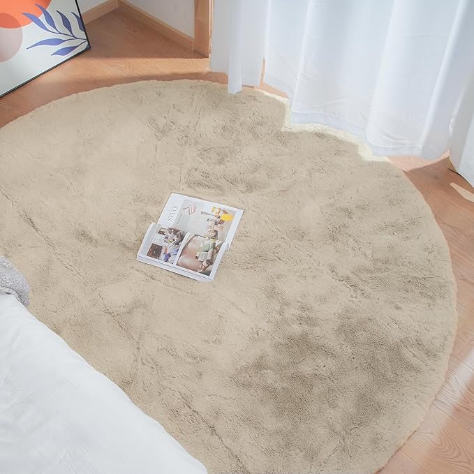 ORINOVA Camel Washable Shag Area Rugs for Living Room Small Plush Faux Bunny Shaggy Fur Round Rugs 4ft Cute Room Nursery Rug