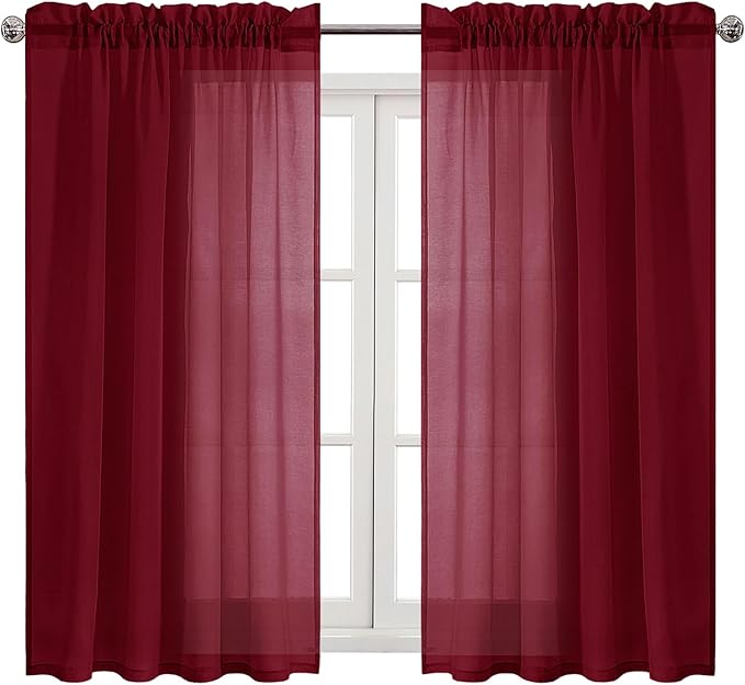 DWCN Christmas Burgundy Sheer Curtains Semi Transparent Voile Rod Pocket Curtains for Bedroom and Living Room, 52 x 54 inches Long, Set of 2 Panels