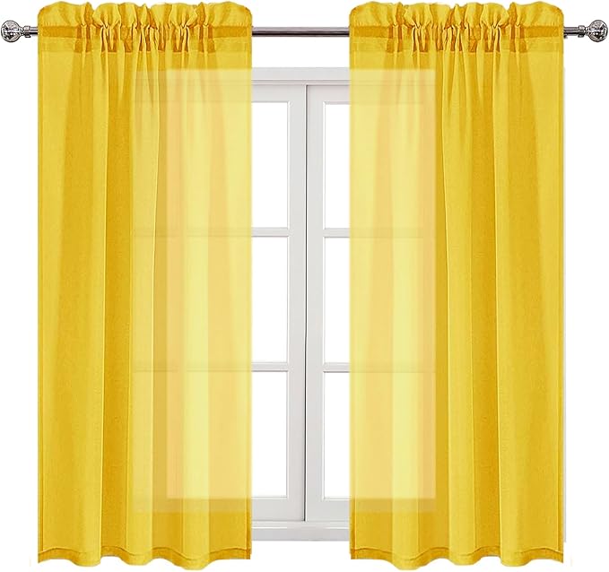 DWCN Yellow Sheer Curtains Semi Transparent Voile Rod Pocket Curtains for Bedroom and Living Room, 42 x 45 inches Long, Set of 2 Panels
