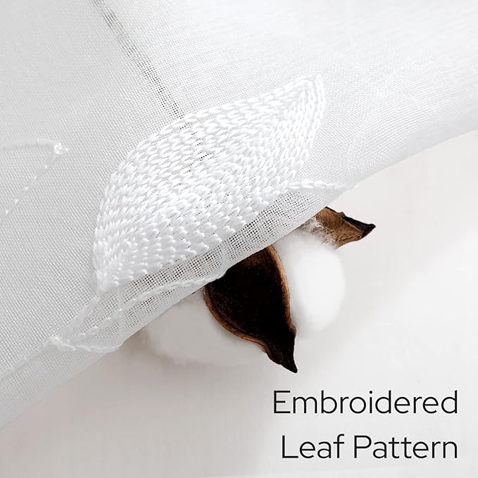 HOMEIDEAS White Sheer Kitchen Curtains 30 X 24 Inch Length 2 Panels Embroidered Leaf Pattern Short Curtains for Small Window Valance Tiers