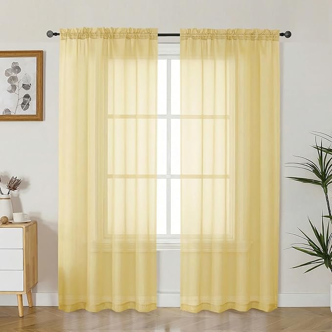 Gwine Sheer Curtains 72 Inch Length - Light Filtering Rod Pocket Window Curtain Panels for Bedroom, Elegant Soft Voile Living Room Sheer Drapes, Each 42Wx72L, 2 Panels, Yellow