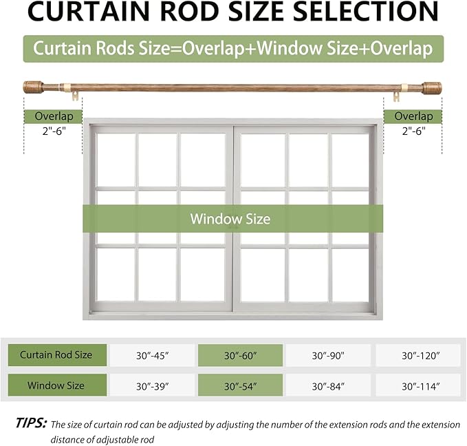 5/8” Diameter Curtain Rods 30-60 Inch, for 30-54 Inch Windows, Adjustable Splicing Wood Grain Curtain Rods for Windows with Brackets, Window Rod Long Small Curtains Rod, 2 Pack