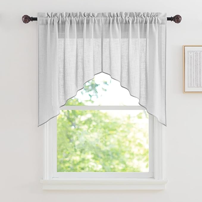 RYB HOME Linen Textured Wave Pattern Sheer Valance Curtains, Contemporary Semi Voile Tier and Swag Set for Kitchen Cafe Bedroom, Dove Grey, 36 x 36 inches Long, 1 Pair