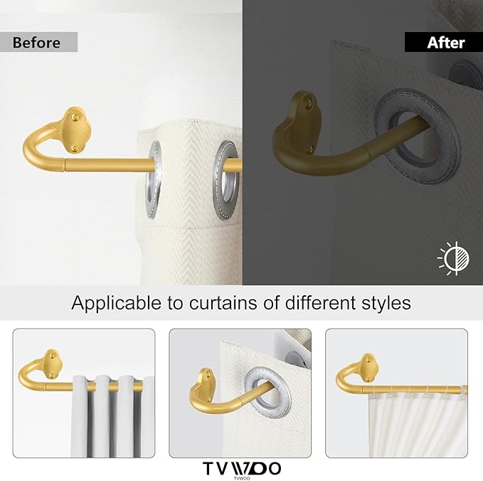 TVWOO Gold Wrap Around Curtain Rods:5/8" Small Blackout Adjustable Window Curtain Rod for Bedroom Kitchen Apartment Renter Friendly,Room Darkening Curved Drapery Rods Easy Install,Brass Golden 36-72"