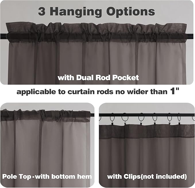 Chyhomenyc Black Sheer Curtains 45 Inches Length 2 Panels, Light Filtering Soft Airy Curtain Drapes for Bathroom Living Room Bedroom Small Windows, Each 42W x 45L inches