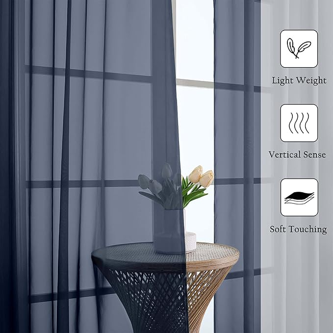 Lecloud Navy Blue Sheer Curtains 108 Inches Long 2 Pcs, Rustic Farmhouse Dual Rod Pocket Window Curtains for Living Room, Bedroom Decor Light Filtering Soft Airy Drapes, Each Panel 59" W x 108" L