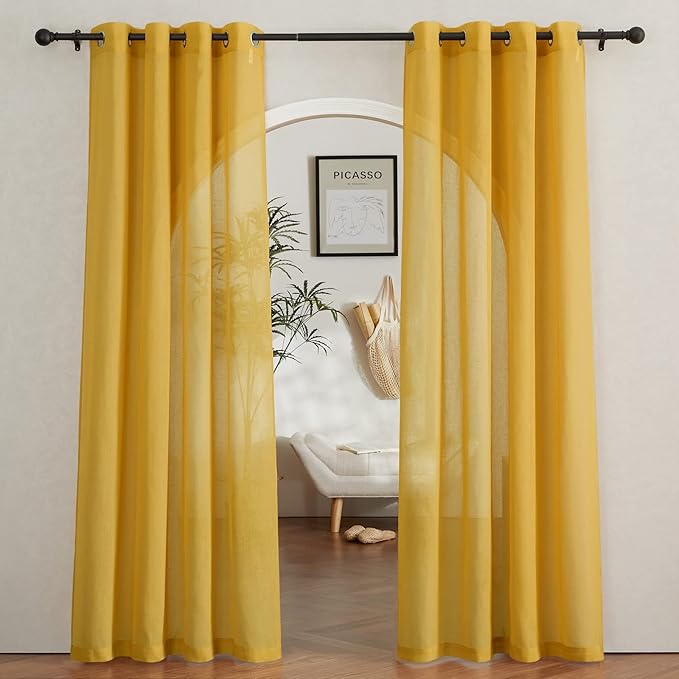 NICETOWN Semi Sheer Curtains Flax Linen Texture, Grommet Retro Window Treatment Linen Weave Vertical Drapes Privacy with Light Filter for Living Room, Citrine, 2 Panels, W52 x L84