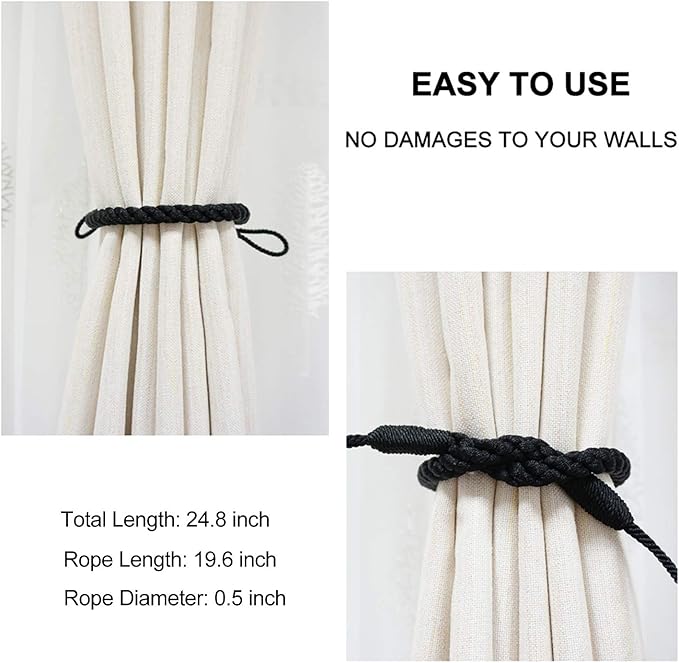 Curtain Tiebacks Ropes, 2pcs Decorative Handmade Tie Backs Curtain Holdbacks Holders Cord for Window Sheer Drapes Indoor Outdoor, Black