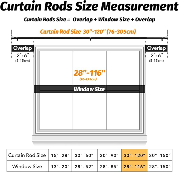 GEEBOBO Black Curtain Rods for Windows 66 to 120 Inch, 1 Inch Adjustable Heavy Duty Easy Install Curtain Rods Set for Outdoor, Patio, Farmhouse, Bedroom, Living Room (Black, 30"-120")