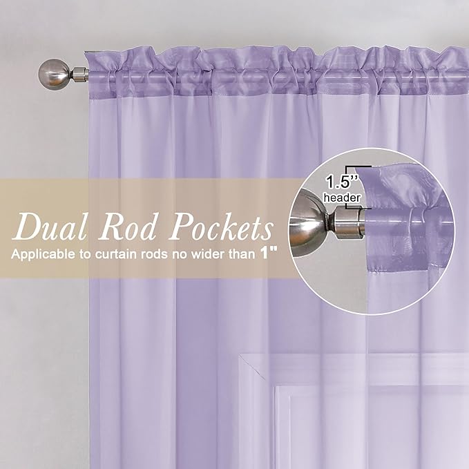 Lecloud Light Filtering Lavender Sheer Curtains 63 Inch Length 2 Panels, Solid Kitchen/Living Room/Bedroom Voile Light Purple Curtain, Dual Rod Pockets Window Short Gauzy Drapes, 40x63 Inches
