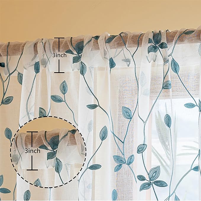 AmHoo 2 Panels Embroidered Leaf Pattern Semi Sheer Curtains Foliage Floral Voile Window Draperies Treatment for Bedroom Living Room Rod Pocket White Teal 53 x 84 Inch