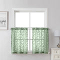 Lecloud Leia Sage Green Sheer Kitchen Curtains 24 Inch Length 2 Pcs, Jacquard Leaf Textured Voile Short Curtains with Dual Rod Pocket, Farmhouse Bedroom Living Room Tiers, Each Panel 28" W x 24" L