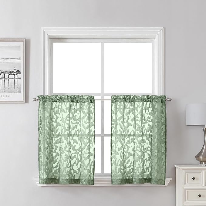 Lecloud Leia Sage Green Sheer Kitchen Curtains 24 Inch Length 2 Pcs, Jacquard Leaf Textured Voile Short Curtains with Dual Rod Pocket, Farmhouse Bedroom Living Room Tiers, Each Panel 28" W x 24" L