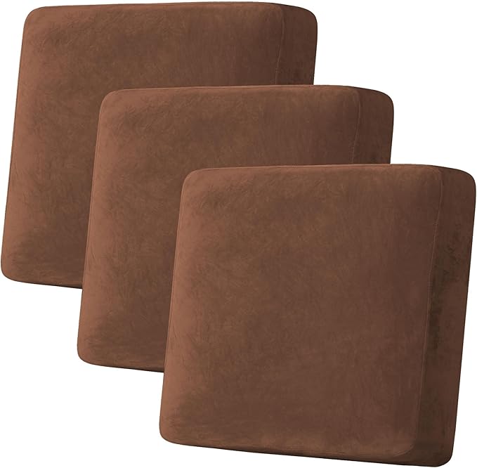 H.VERSAILTEX Velvet Stretch Couch Cushion Cover Plush Cushion Slipcover for Chair Loveseat Sofa Cushion Furniture Protector Seat Cushion Sofa Cover (3 Piece XL Sofa Cushion Covers, Caramel)