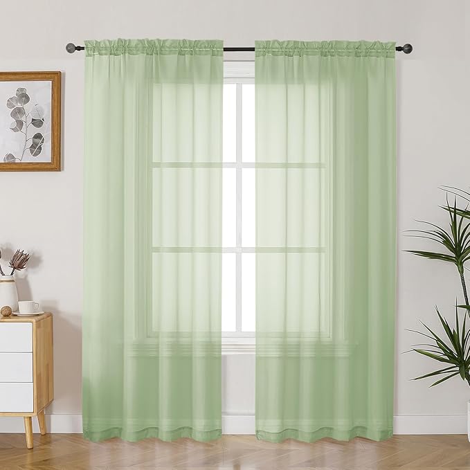 Gwine Light Green Sheer Curtains 63 Inch Length for Living Room 2 Panels, Light Filtering Rod Pocket Window Curtain Treatment for Bedroom, Voile Elegant Sheer Drapes，Each 42" Wx63 L, Light Green