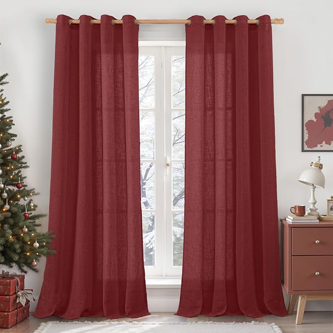 LAMIT 90 inch Red Linen Curtains for Living Room 2 Panels, Light Filtering Christmas Drapes Semi Sheer Bronze Grommet Curtain Panels for Bedroom/Farmhouse, Burgundy Red, 52 x 90 Inch