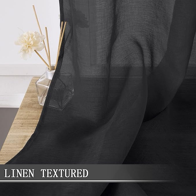 Tollpiz Sheer Curtain Linen Textured Living Room Curtains Sheer Light Filtering Rod Pocket Voile Curtain for Bedroom, 54 x 72 inches Long, Black, Set of 2 Panels