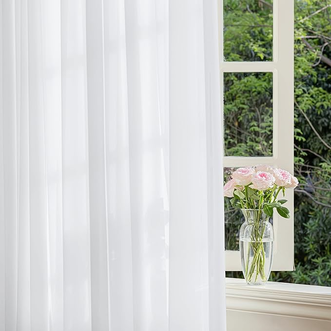 FMFUNCTEX Sheer Non-See-Through White Curtains for Bedroom, Faux Silk that Let Light Curtains 96 inches Long Light Filtering Privacy Sheer Window Drapes for Living Room, Rod Pocket 2 Panels Set