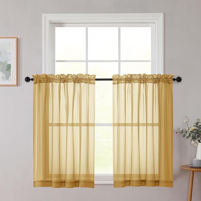 Cafe Curtains 36 Inch Length Tier 2 Pieces, Modern Soft Airy Sheer Kitchen Short Curtains for Small Window, Rod Pocket Small Curtain for Bathroom Basement, Gold, Each, 42" Wx36 L Inches